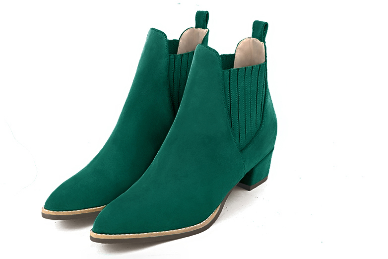 Emerald green women's ankle boots, with elastics. Tapered toe. Low cone heels. Front view - Florence KOOIJMAN